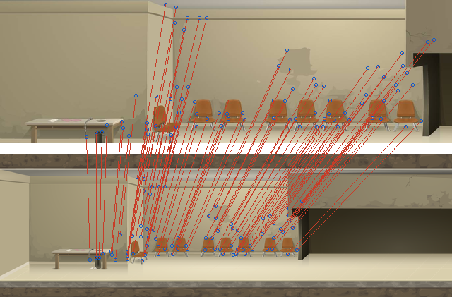 A cropped copy of a digital artwork above its original, connected by red lines showing verified matching points between them